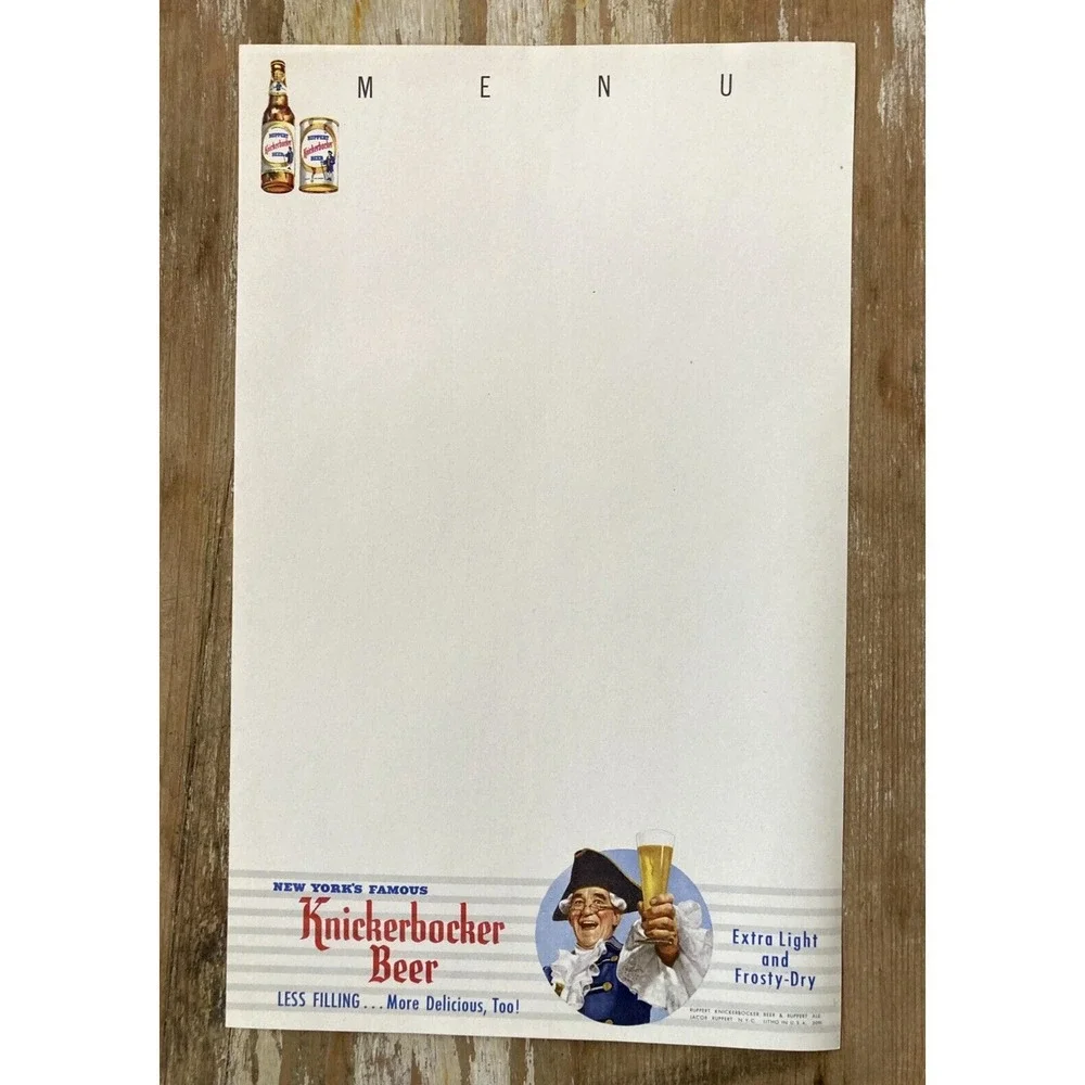 Vintage New Yorks Famous Knickerbocker Beer paper blank menu sheet 1950s brewery